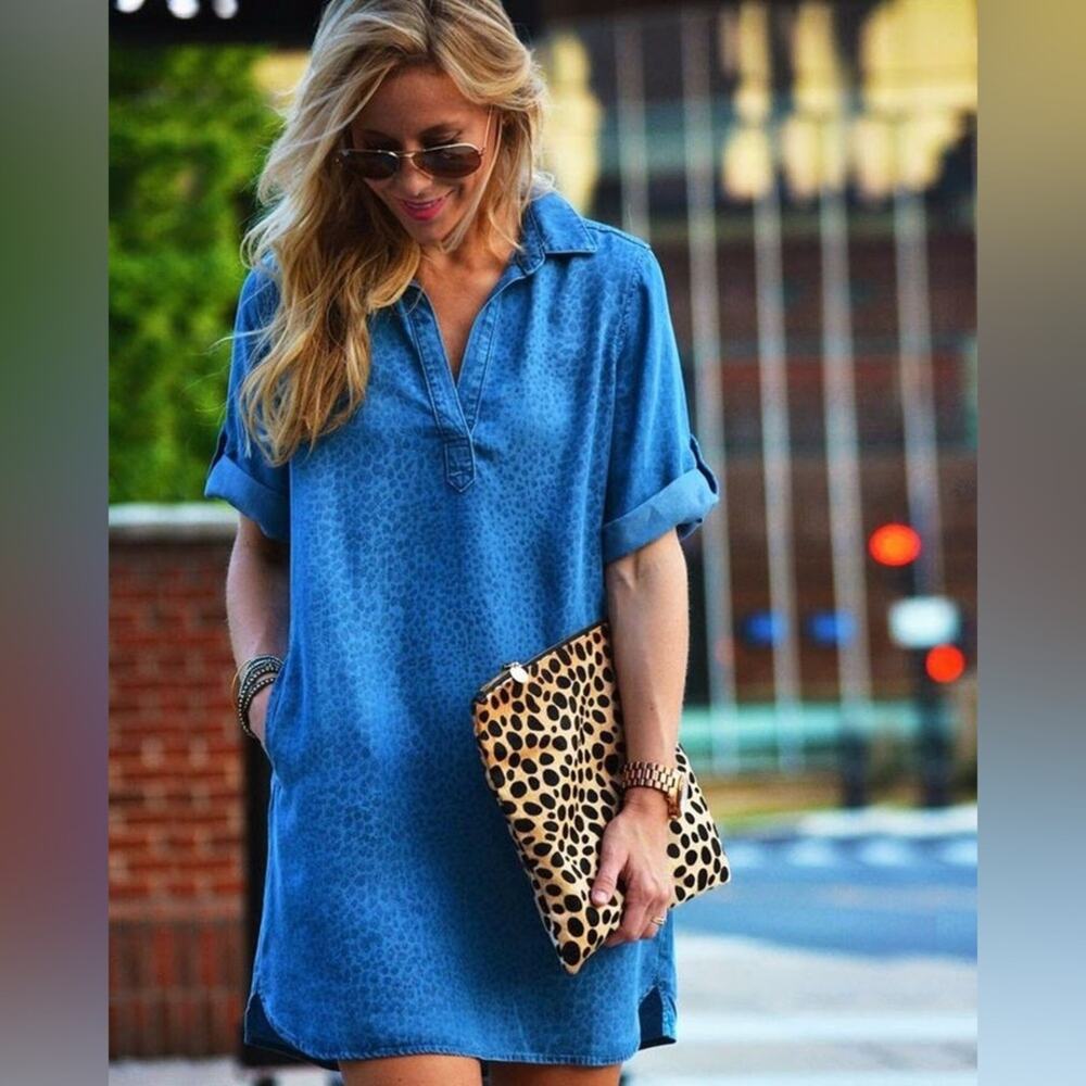 Anthropologie Cloth & Stone Blue Chambray Leopard Print Tencel Shirt Dress Large